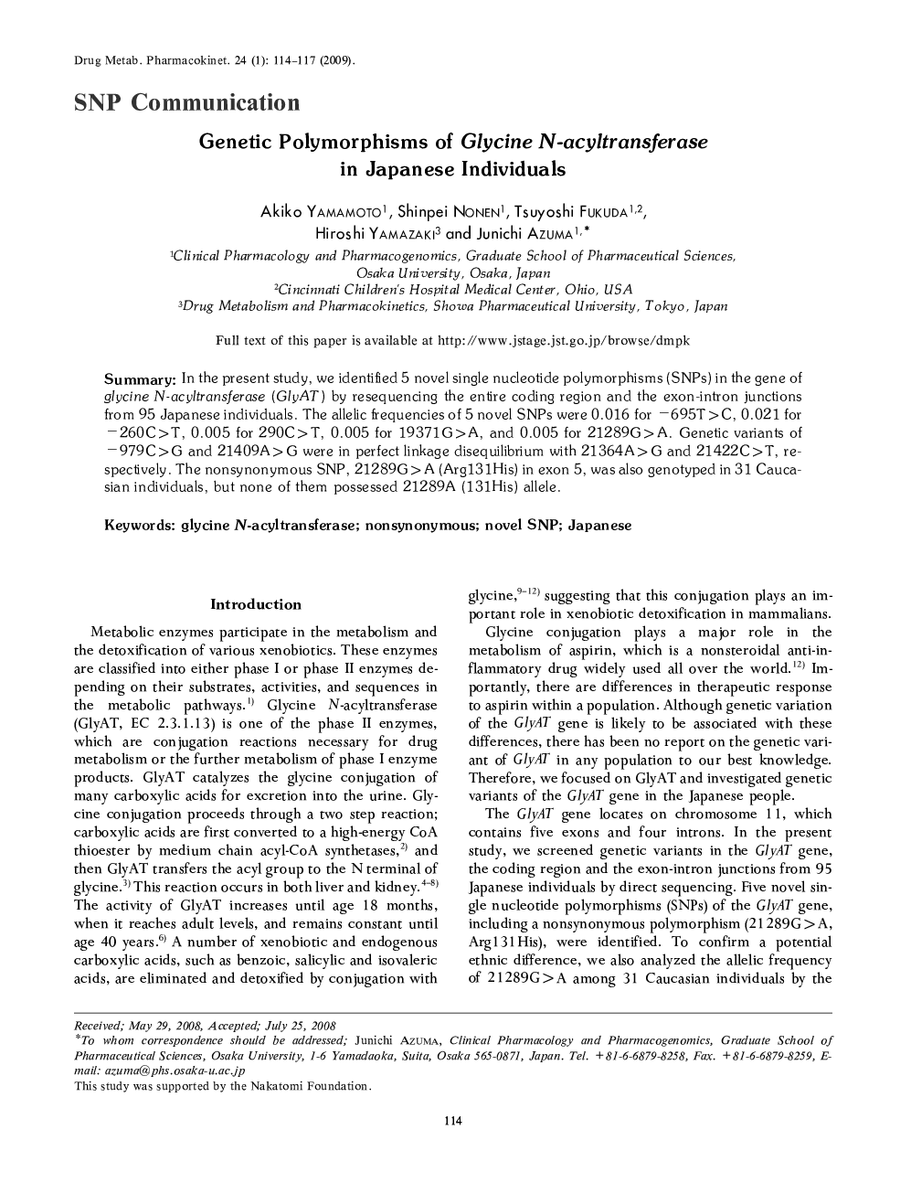 Genetic Polymorphisms of Glycine N-acyltransferase in Japanese Individuals 