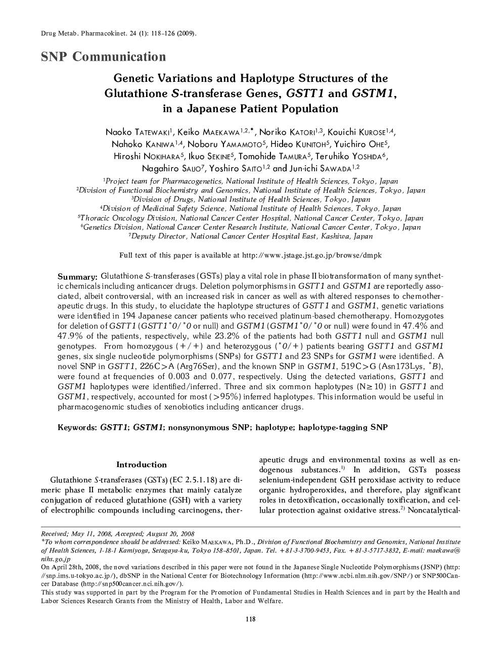 Genetic Variations and Haplotype Structures of the Glutathione S-transferase Genes, GSTT1 and GSTM1, in a Japanese Patient Population 