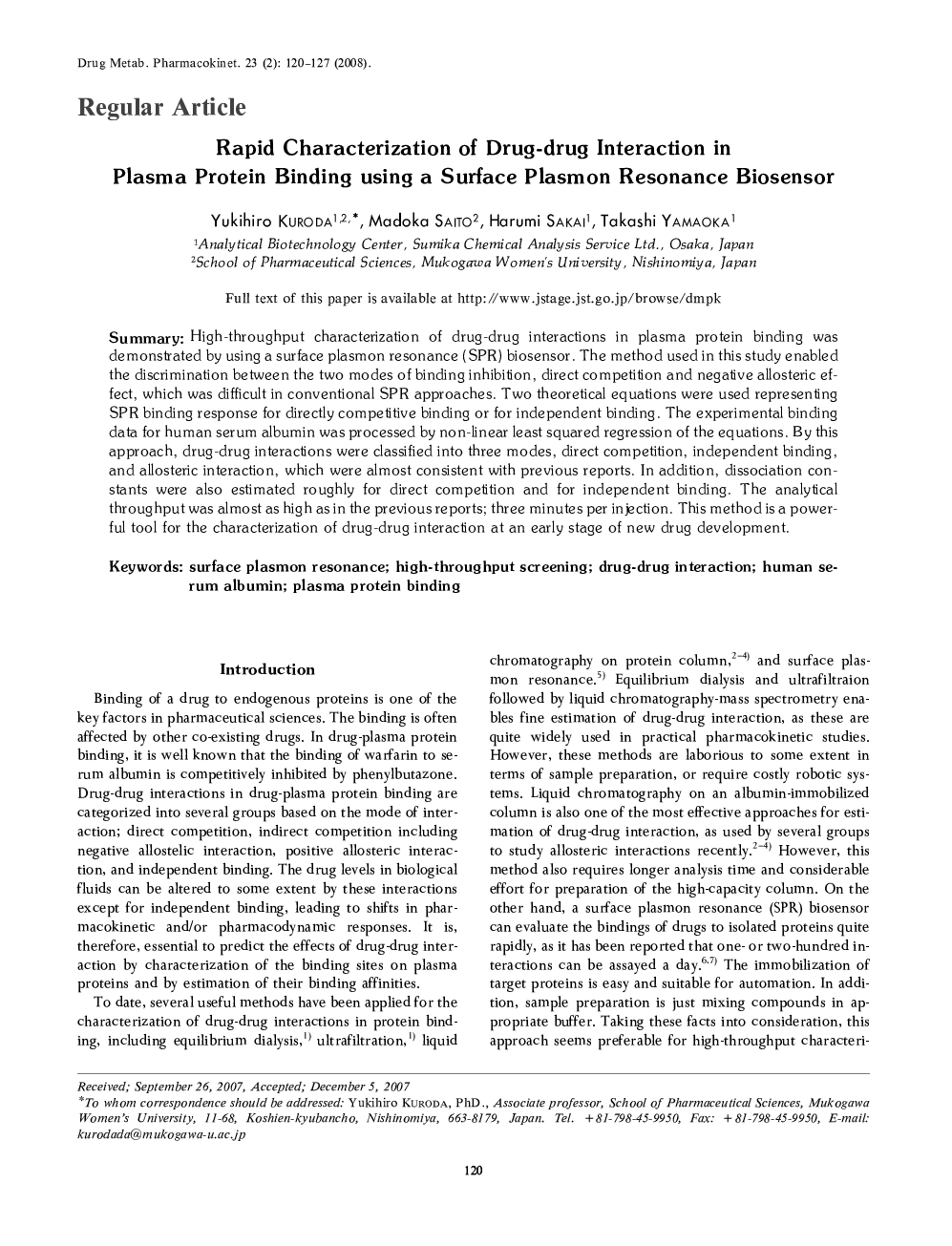 Rapid Characterization of Drug-drug Interaction in Plasma Protein Binding using a Surface Plasmon Resonance Biosensor