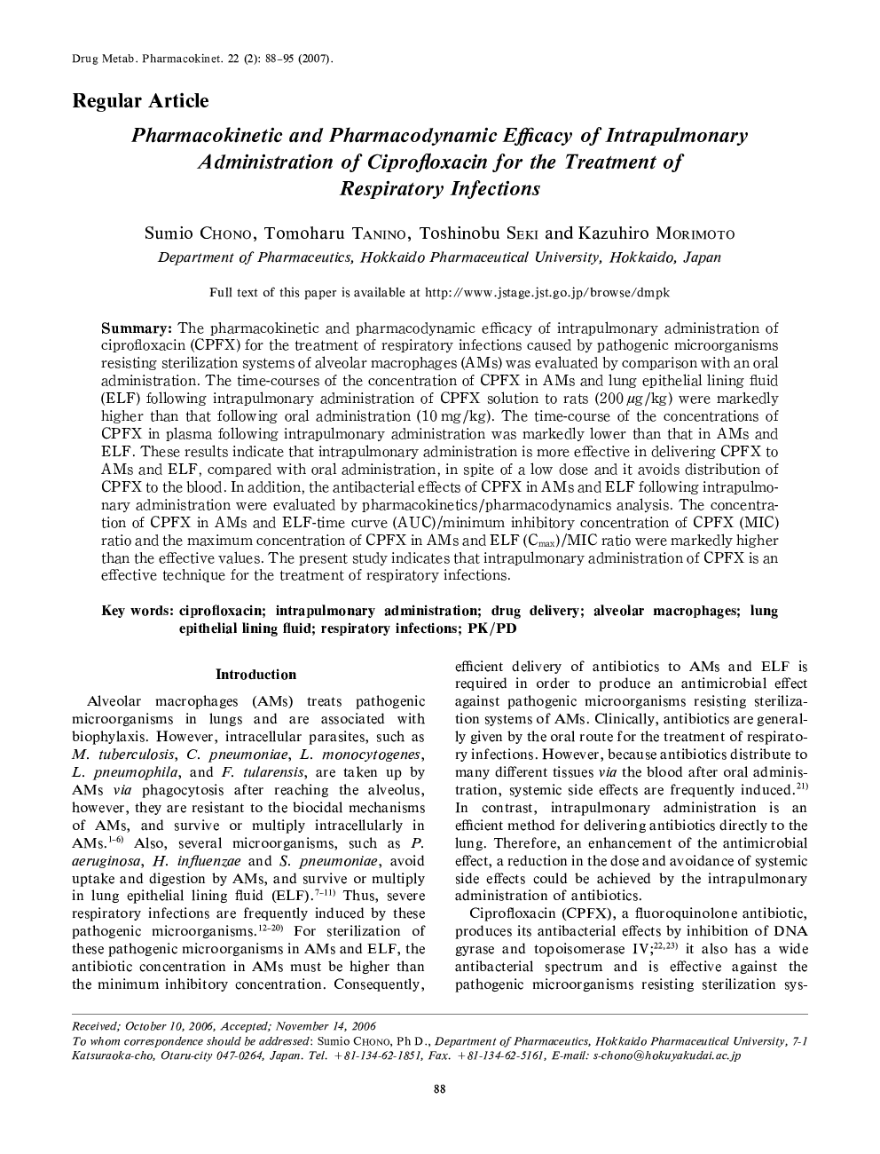 Pharmacokinetic and Pharmacodynamic Efficacy of Intrapulmonary Administration of Ciprofloxacin for the Treatment of Respiratory Infections