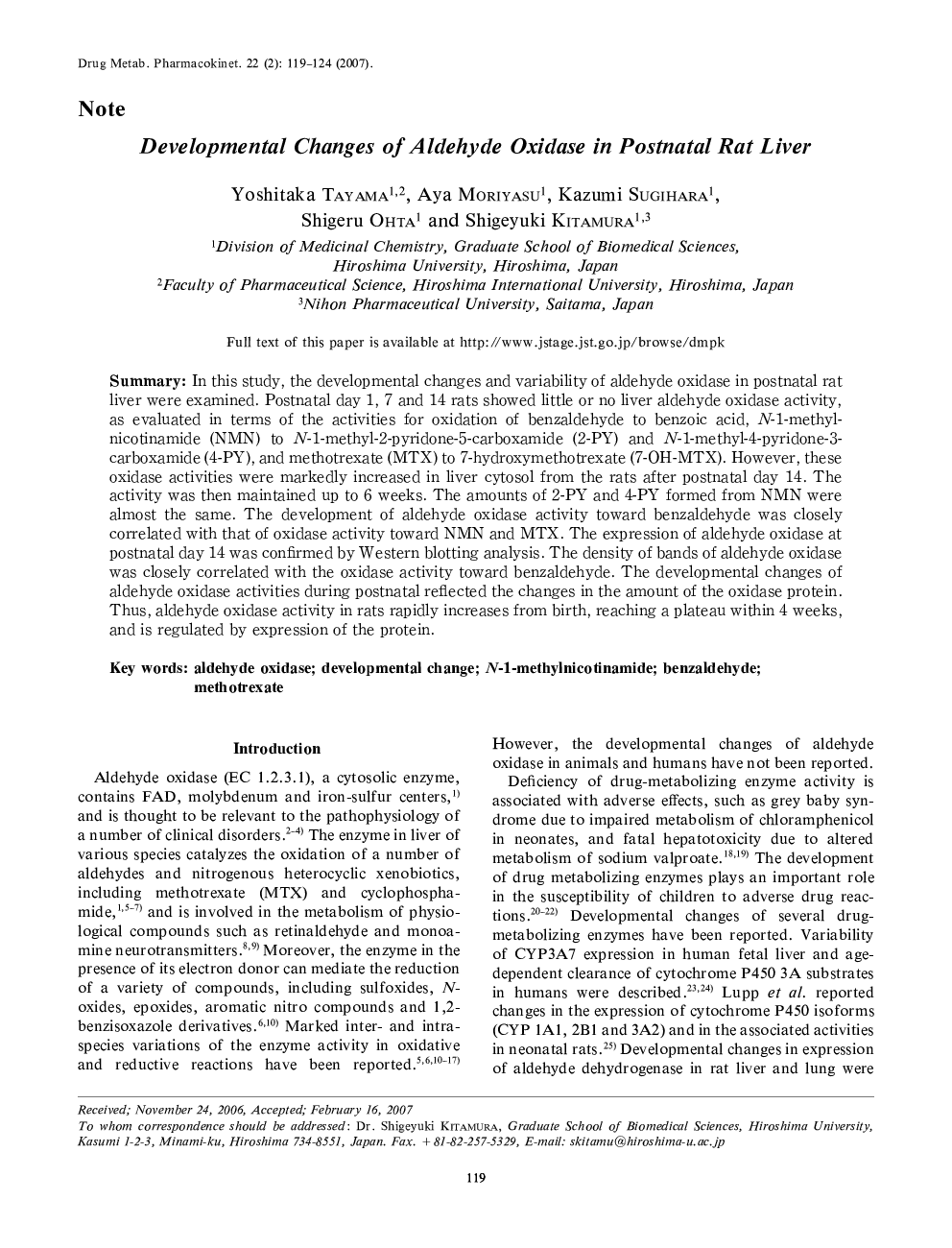 Developmental Changes of Aldehyde Oxidase in Postnatal Rat Liver