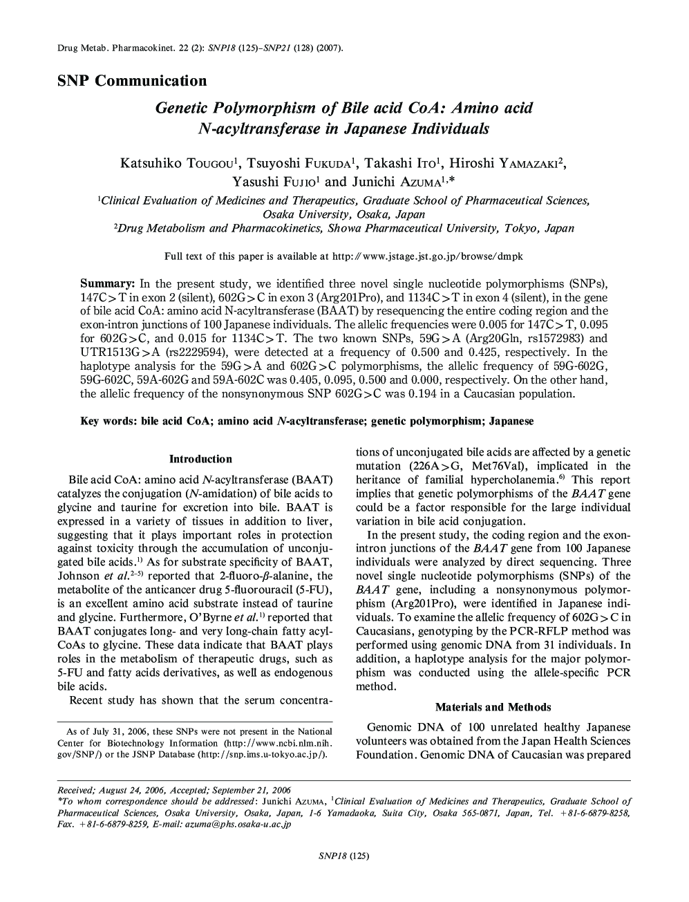 Genetic Polymorphism of Bile acid CoA: Amino acid N-acyltransferase in Japanese Individuals