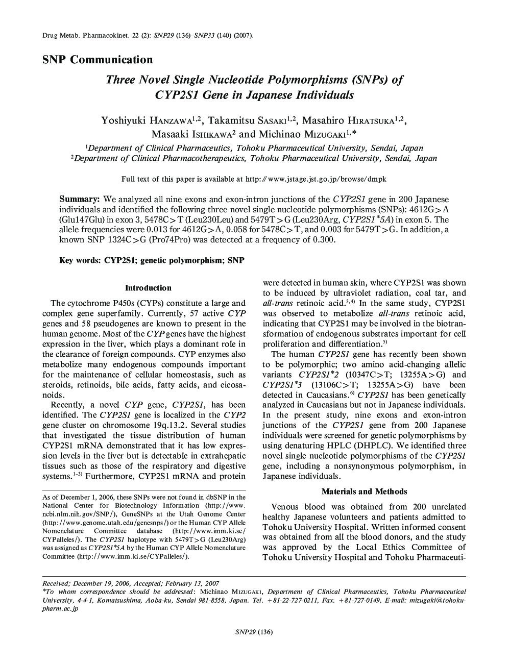Three Novel Single Nucleotide Polymorphisme (SNPs) of CYP2S1 Gene in Japanese Individuals