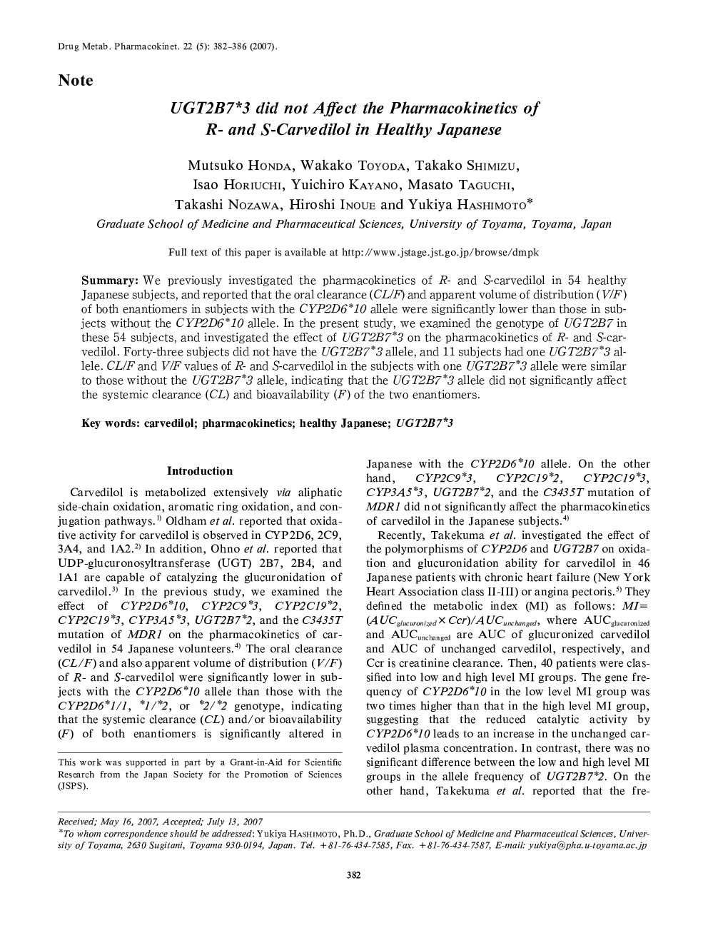 UGT2B7*3 did not Affect the Pharmacokinetics of R- and S-Carvedilol in Healthy Japanese 