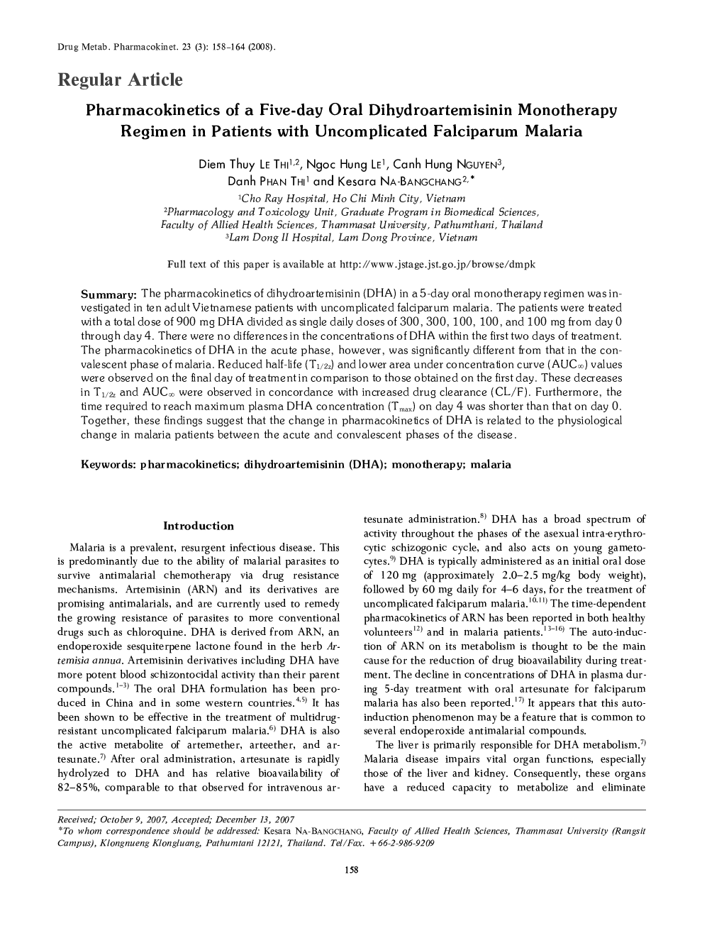 Pharmacokinetics of a Five-day Oral Dihydroartemisinin Monotherapy Regimen in Patients with Uncomplicated Falciparum Malaria