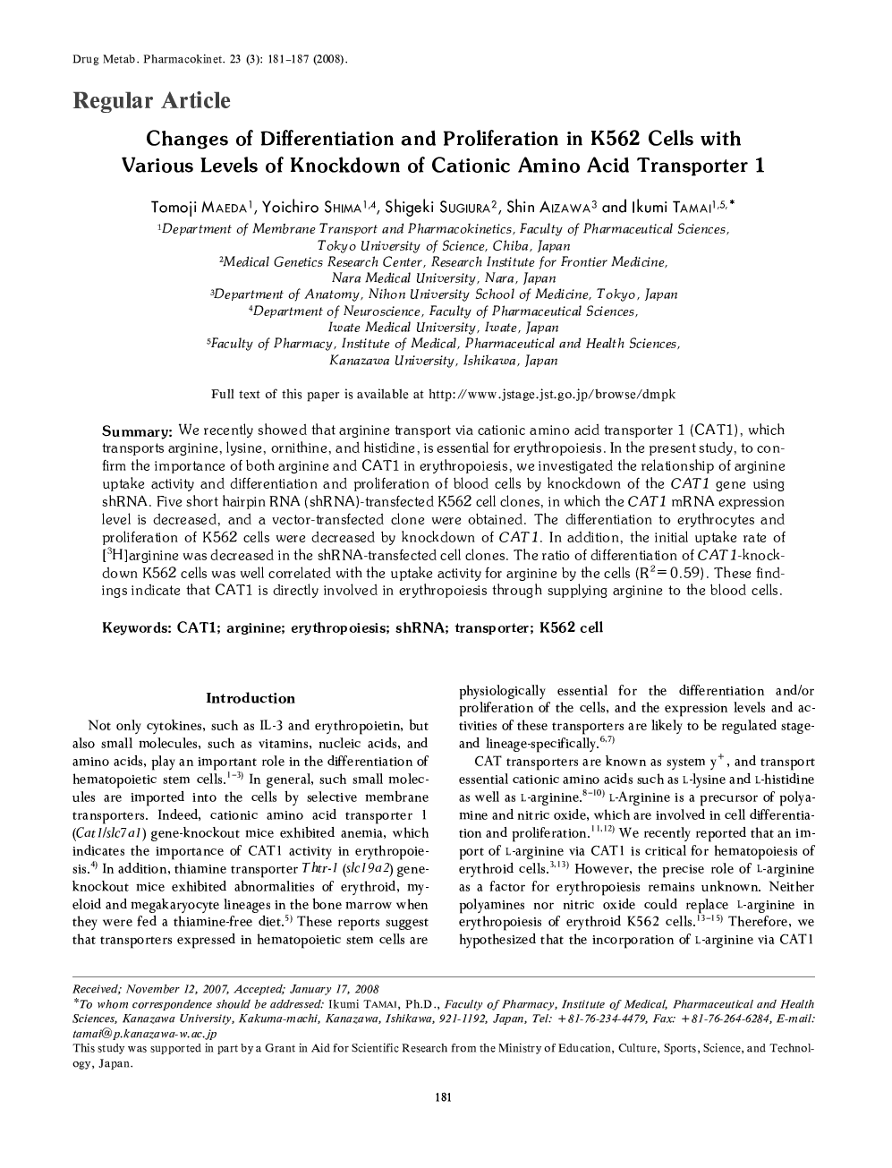 Changes of Differentiation and Proliferation in K562 Cells with Various Levels of Knockdown of Cationic Amino Acid Transporter 1 