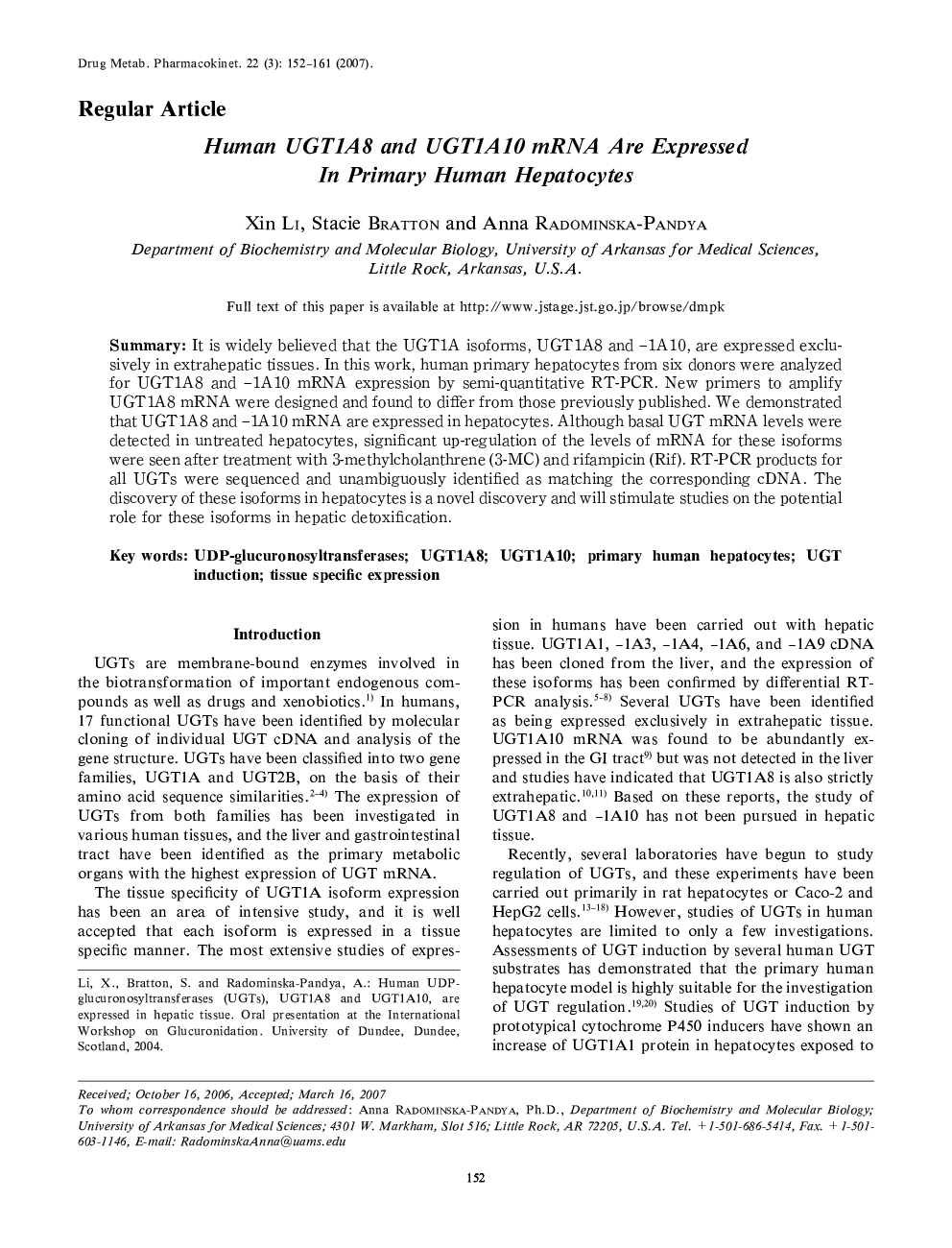 Human UGT1A8 and UGT1A10 mRNA Are Expressed In Primary Human Hepatocytes
