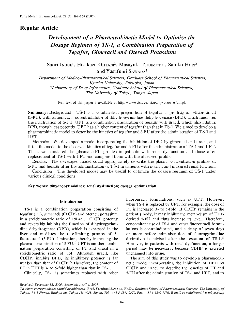 Development of a Pharmacokinetic Model to Optimize the Dosage Regimen of TS-1, a Combination Preparation of Tegafur, Gimeracil and Oteracil Potassium