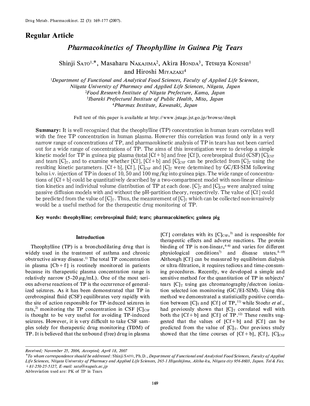 Pharmacokinetics of Theophylline in Guinea Pig Tears