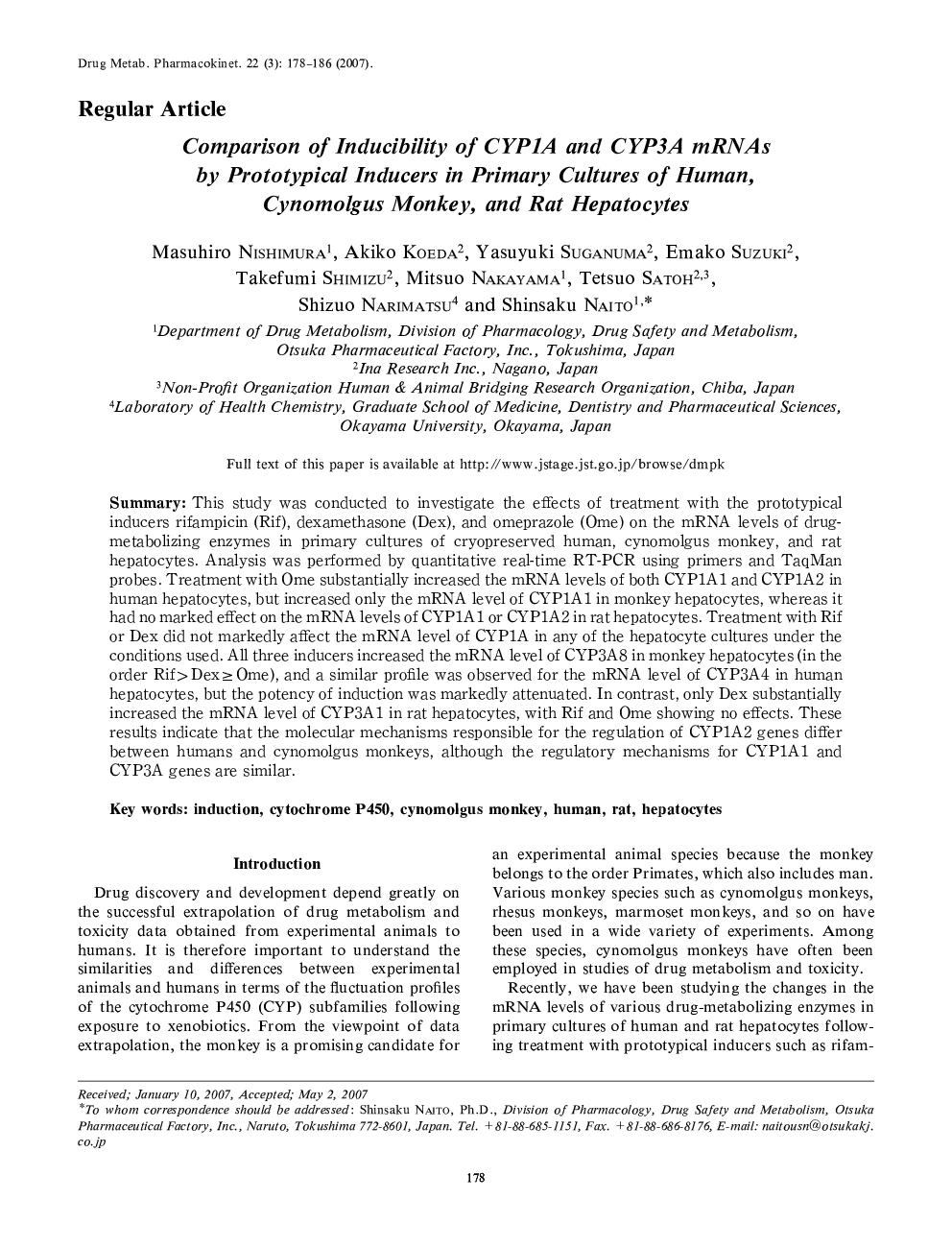 Comparison of Inducibility of CYP1A and CYP3A mRNAs by Prototypical Inducers in Primary Cultures of Human, Cynomolgus Monkey, and Rat Hepatocytes