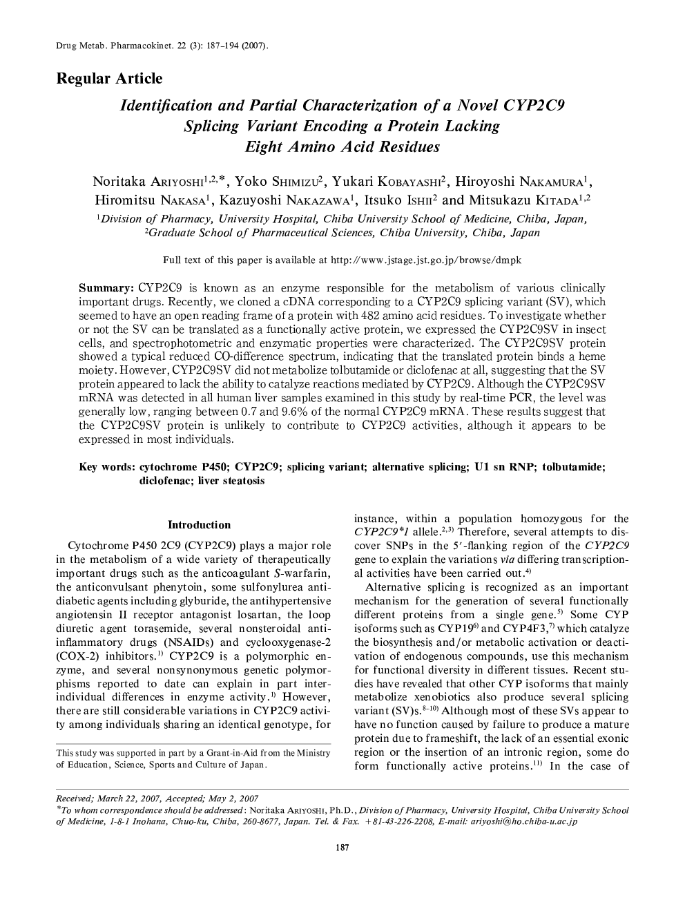Identification and Partial Characterization of a Novel CYP2C9 Splicing Variant Encoding a Protein Lacking Eight Amino Acid Residues
