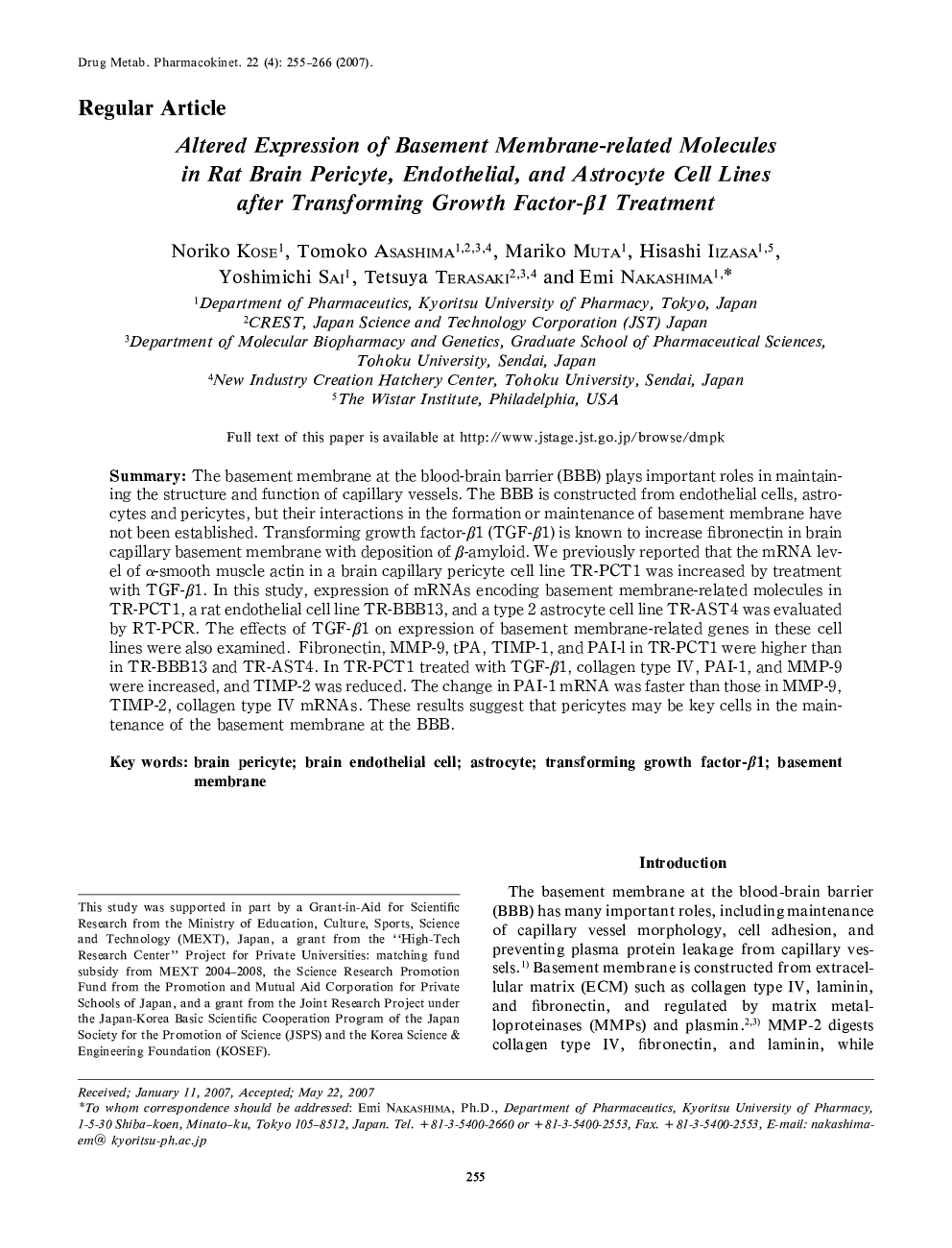 Altered Expression of Basement Membrane-related Molecules in Rat Brain Pericyte, Endothelial, and Astrocyte Cell Lines after Transforming Growth Factor-β1 Treatment