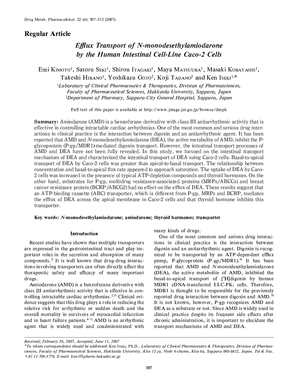 Efflux Transport of N-monodesethylamiodarone by the Human Intestinal Cell-Line Caco-2 Cells