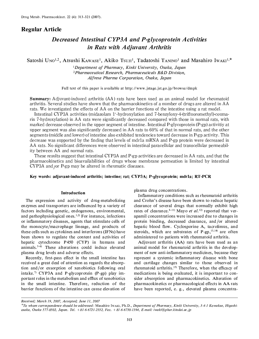 Decreased Intestinal CYP3A and P-glycoproteîn Activities in Rats with Adjuvant Arthritis