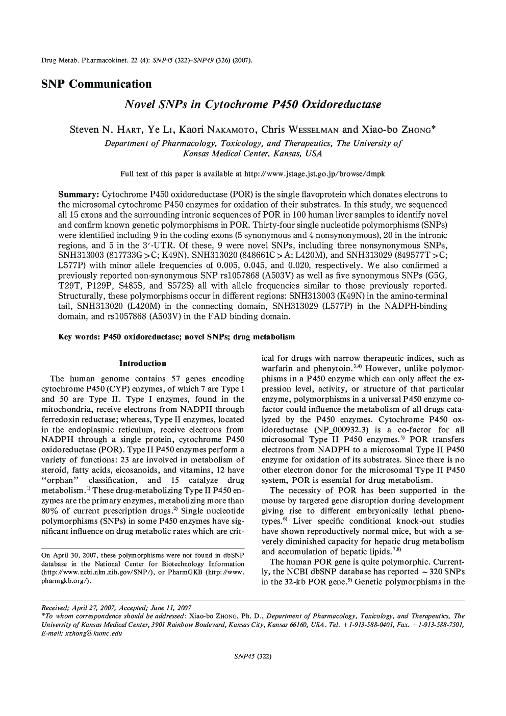 Novel SNPs in Cytochrome P450 Oxidoreductase 