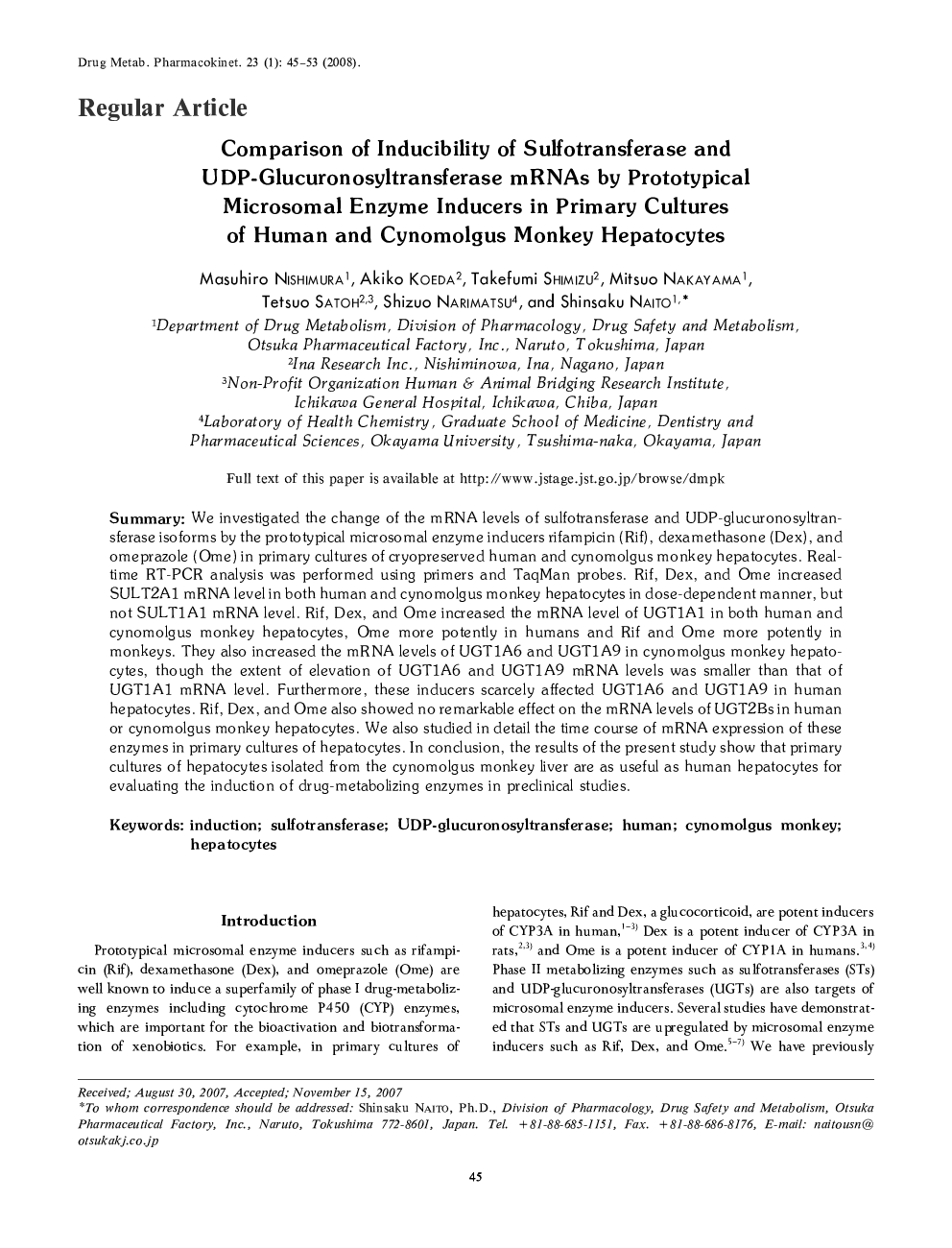 Comparison of Inducibility of Sulfotransferase and UDP-Glucuronosyltransferase mRNAs by Prototypical Microsomal Enzyme Inducers in Primary Cultures of Human and Cynomolgus Monkey Hepatocytes