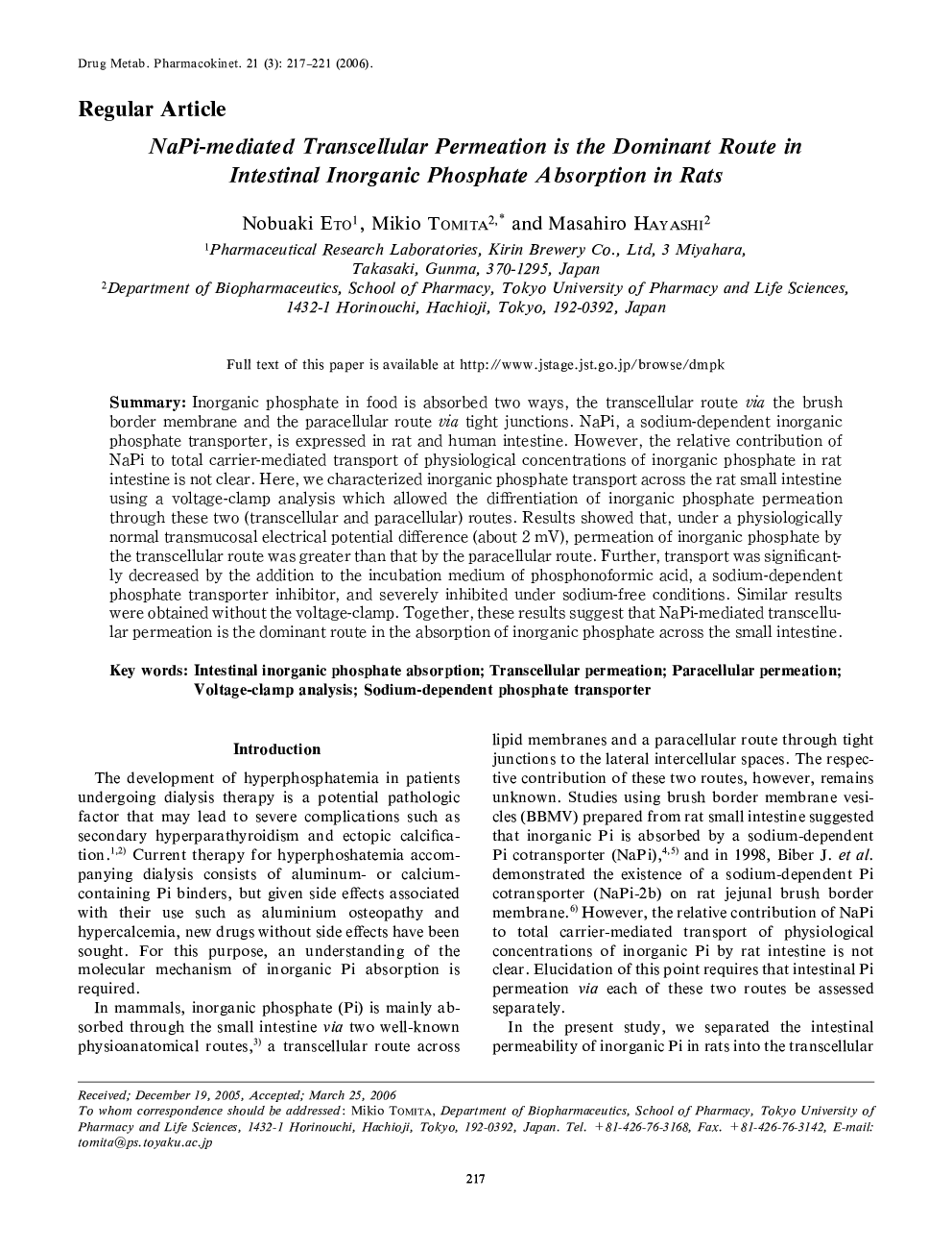 NaPi-mediated Transcellular Permeation is the Dominant Route in Intestinal Inorganic Phosphate Absorption in Rats