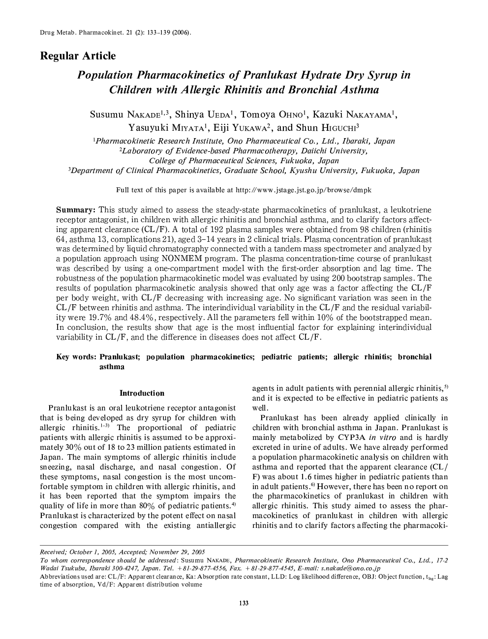 Population Pharmacokinetics of Pranlukast Hydrate Dry Syrup in Children with Allergic Rhinitis and Bronchial Asthma