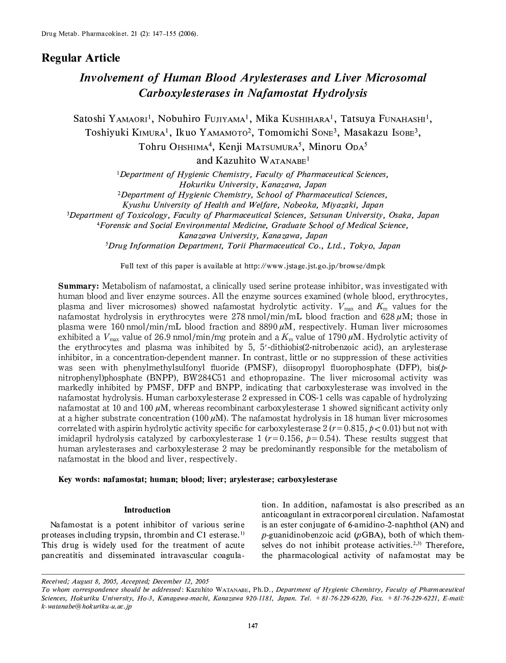 Involvement of Human Blood Arylesterases and Liver Microsomal Carboxylesterases in Nafamostat Hydrolysis