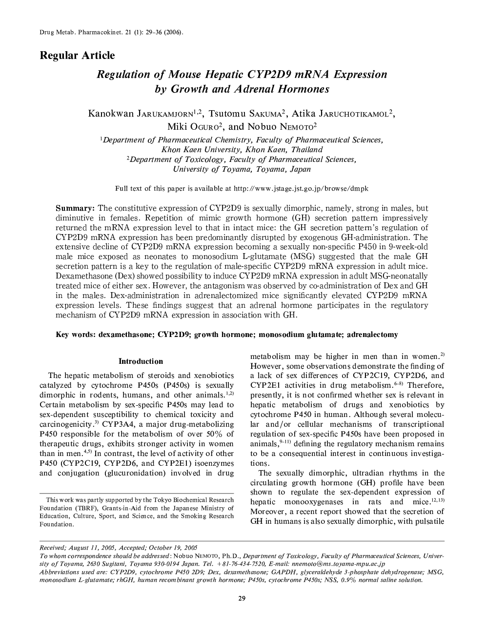 Regulation of Mouse Hepatic CYP2D9 mRNA Expression by Growth and Adrenal Hormones 