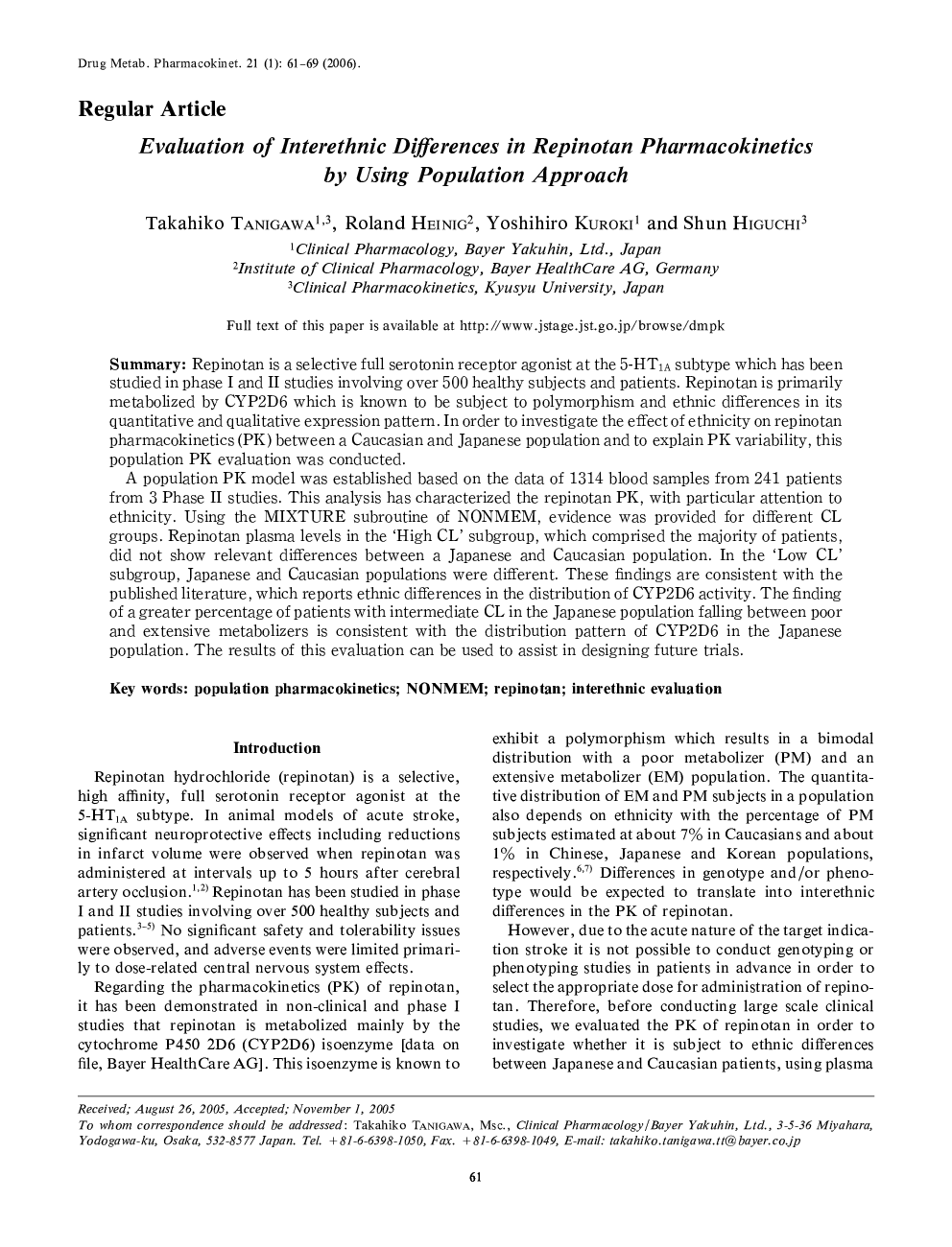 Evaluation of Interethnic Differences in Repinotan Pharmacokinetics by Using Population Approach