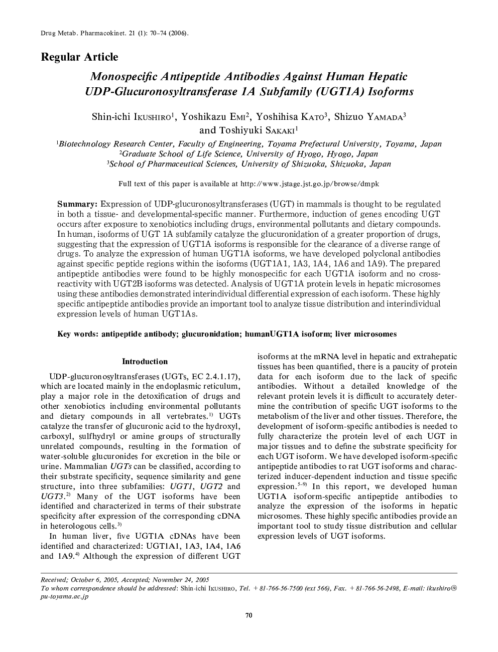Monospecific Antipeptide Antibodies Against Human Hepatic UDP-Glucuronosyltransferase 1A Subfamily (UGT1A) Isoforms