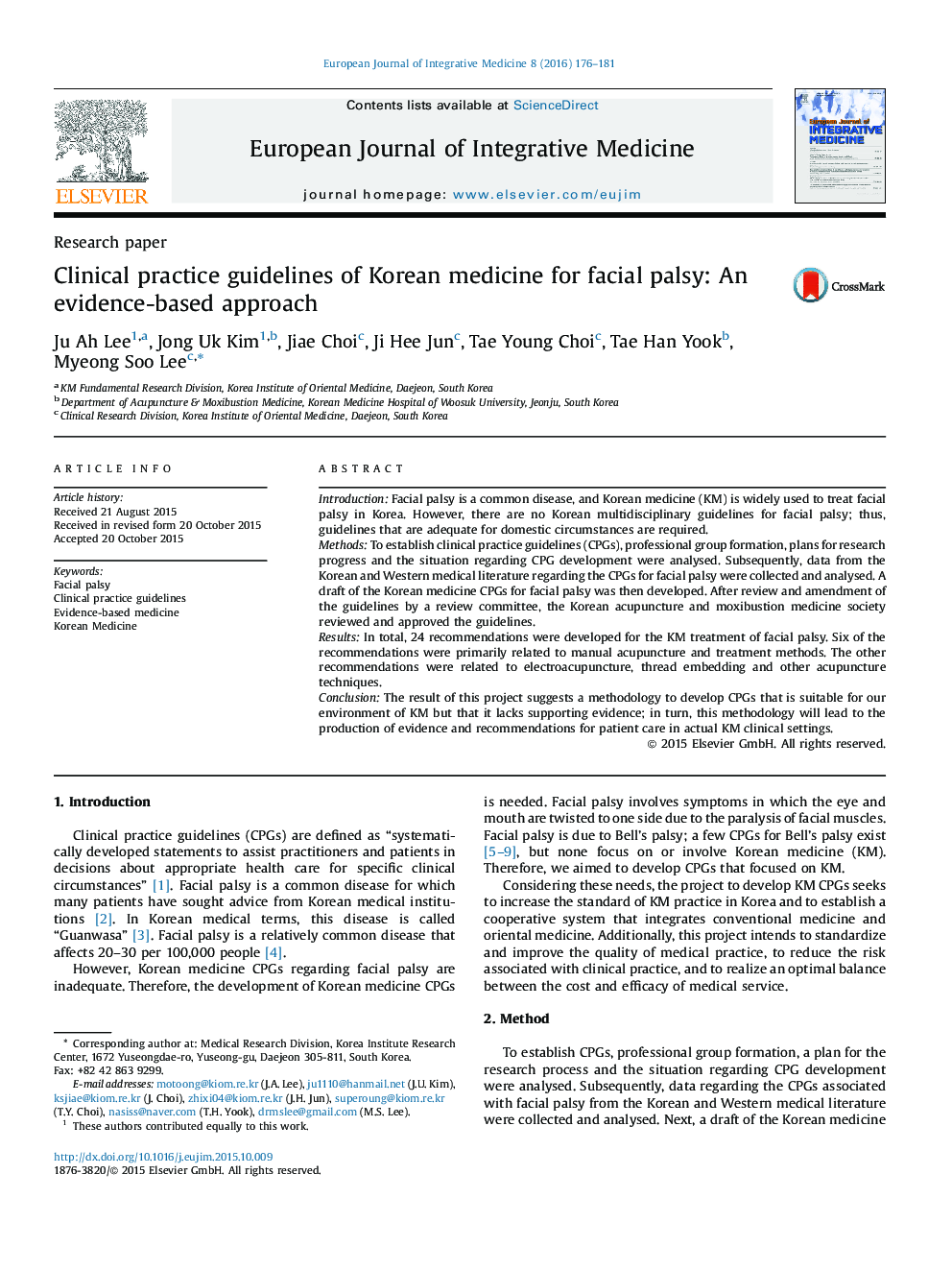 Clinical practice guidelines of Korean medicine for facial palsy: An evidence-based approach