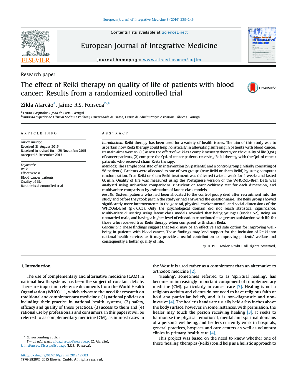 The effect of Reiki therapy on quality of life of patients with blood cancer: Results from a randomized controlled trial