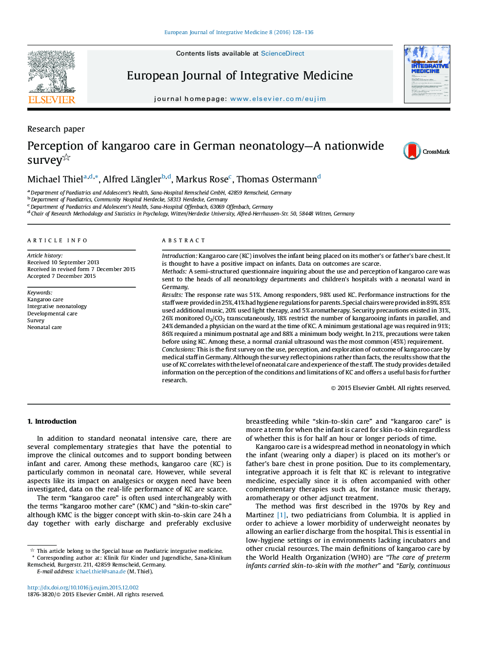 Perception of kangaroo care in German neonatology—A nationwide survey 