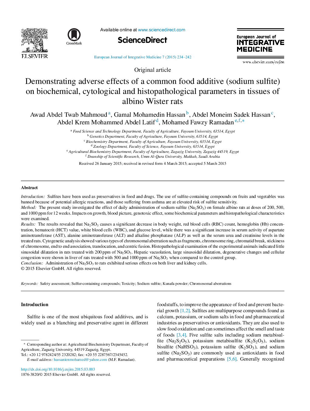 Demonstrating adverse effects of a common food additive (sodium sulfite) on biochemical, cytological and histopathological parameters in tissues of albino Wister rats