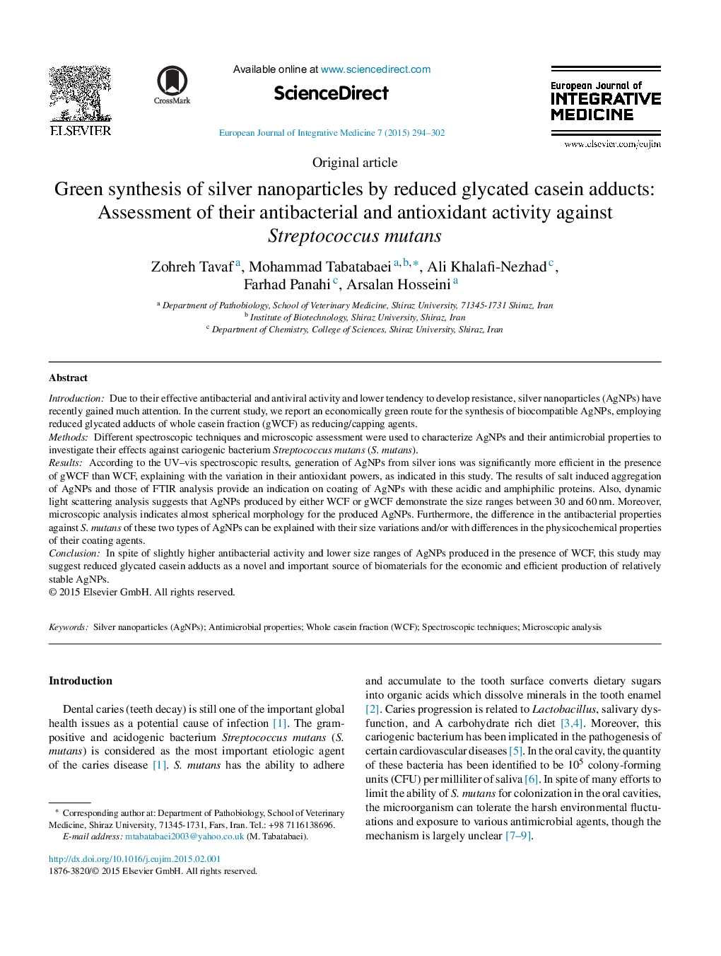 Green synthesis of silver nanoparticles by reduced glycated casein adducts: Assessment of their antibacterial and antioxidant activity against Streptococcus mutans