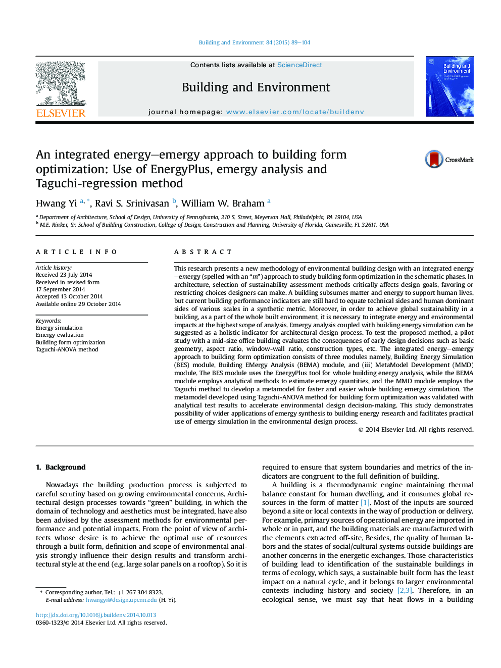 An integrated energy–emergy approach to building form optimization: Use of EnergyPlus, emergy analysis and Taguchi-regression method