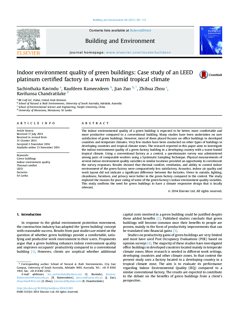 Indoor environment quality of green buildings: Case study of an LEED platinum certified factory in a warm humid tropical climate