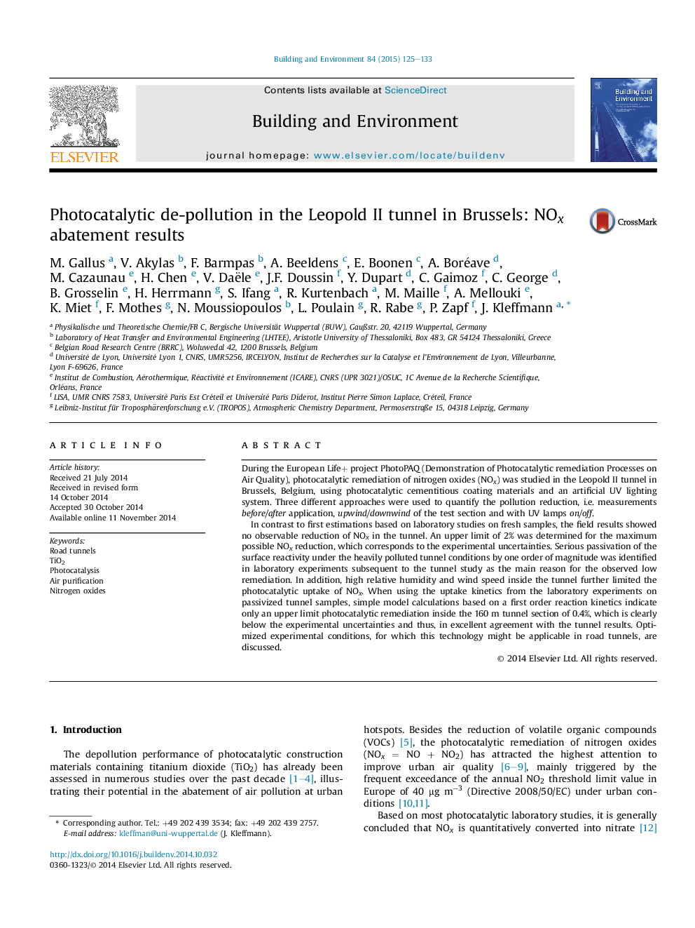 Photocatalytic de-pollution in the Leopold II tunnel in Brussels: NOx abatement results