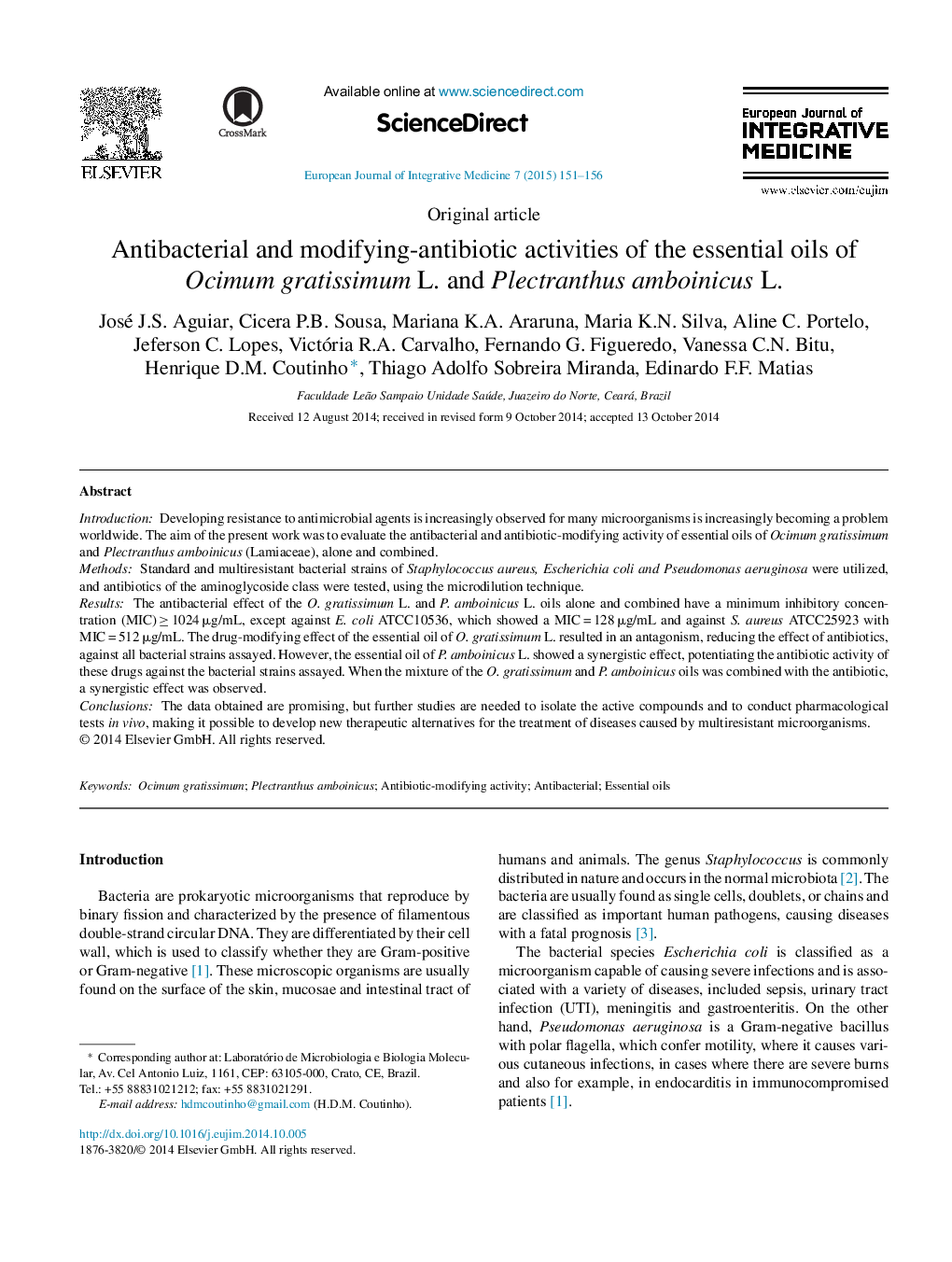 Antibacterial and modifying-antibiotic activities of the essential oils of Ocimum gratissimum L. and Plectranthus amboinicus L.