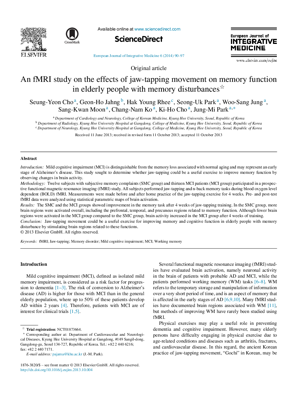 An fMRI study on the effects of jaw-tapping movement on memory function in elderly people with memory disturbances 