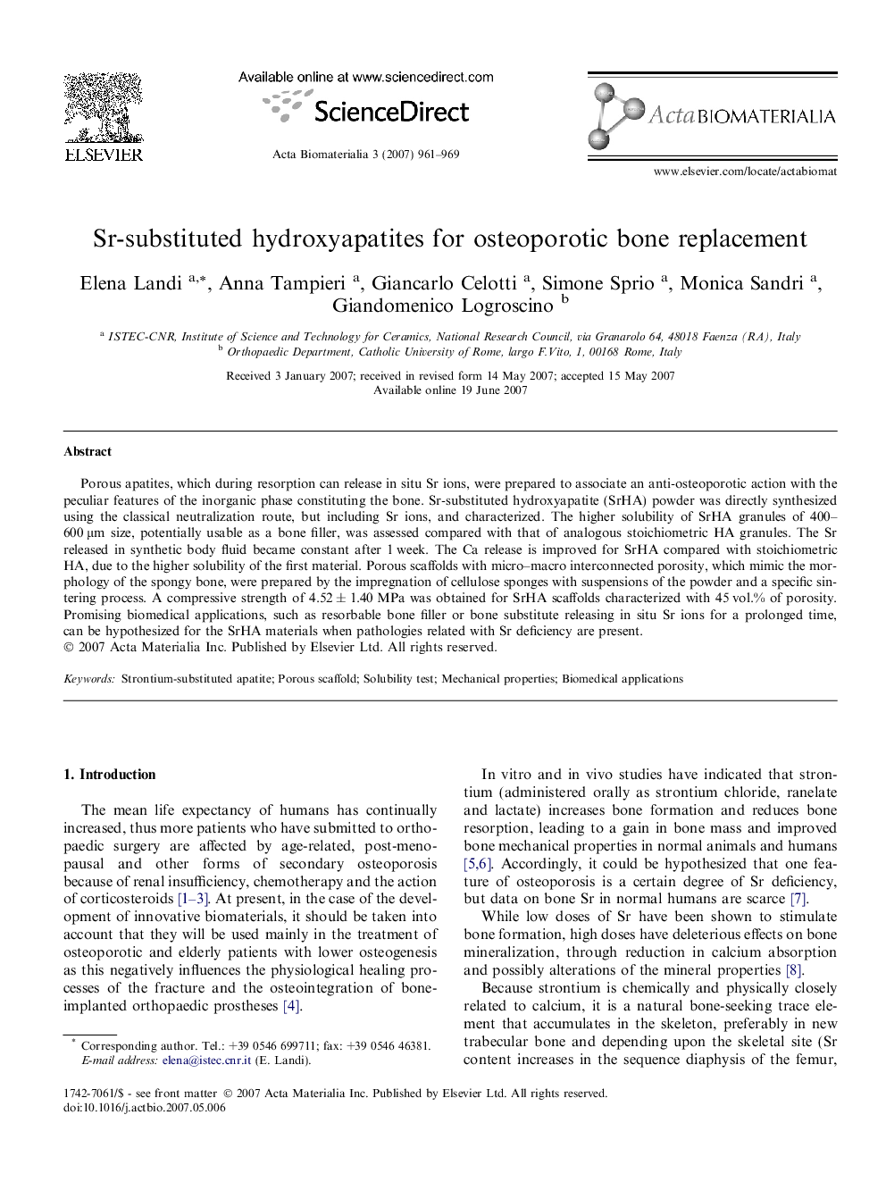 Sr-substituted hydroxyapatites for osteoporotic bone replacement