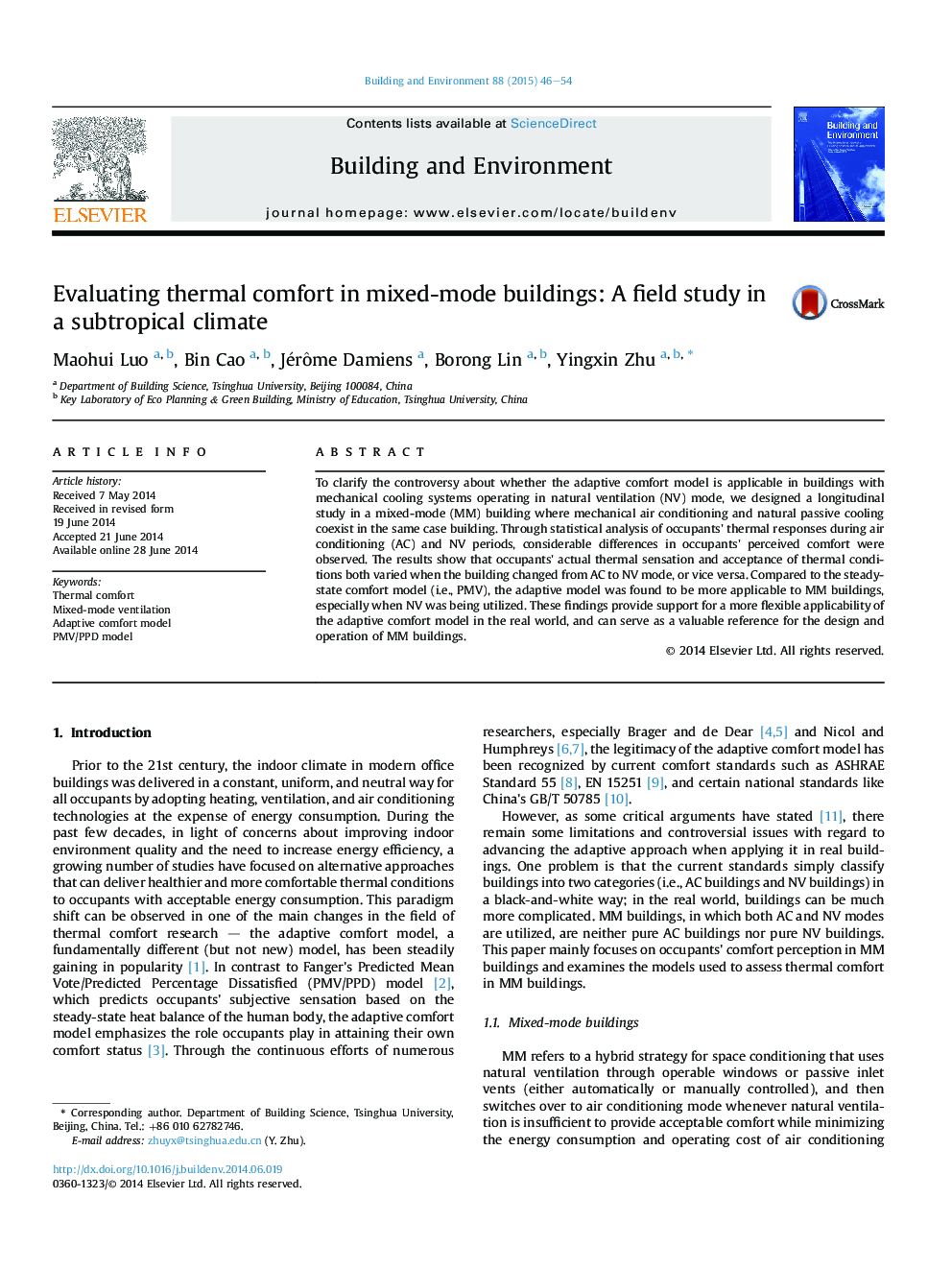 Evaluating thermal comfort in mixed-mode buildings: A field study in a subtropical climate