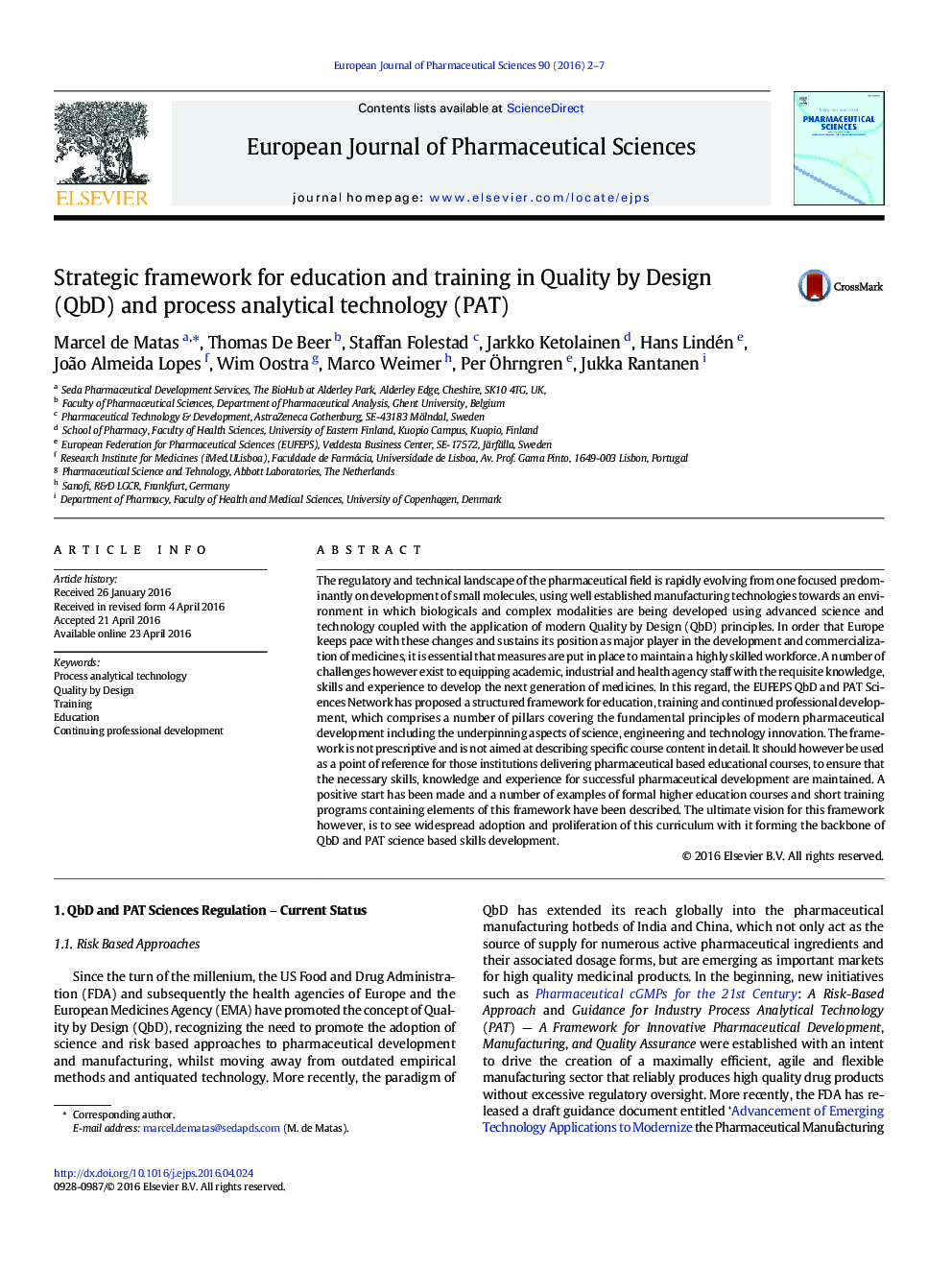 Strategic framework for education and training in Quality by Design (QbD) and process analytical technology (PAT)