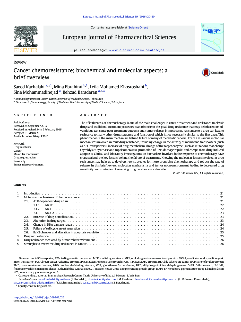 Cancer chemoresistance; biochemical and molecular aspects: a brief overview