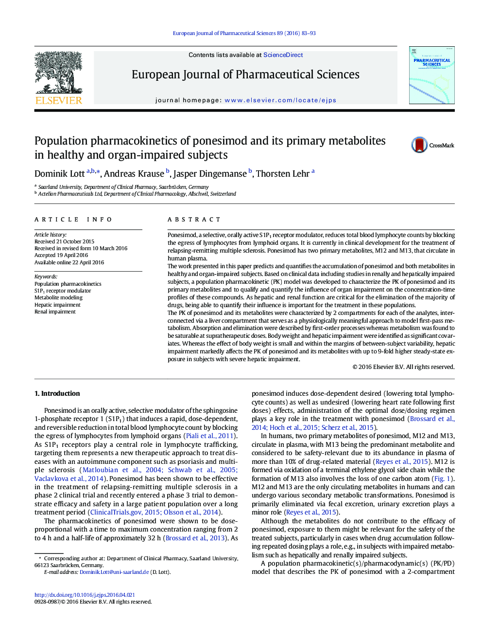 Population pharmacokinetics of ponesimod and its primary metabolites in healthy and organ-impaired subjects