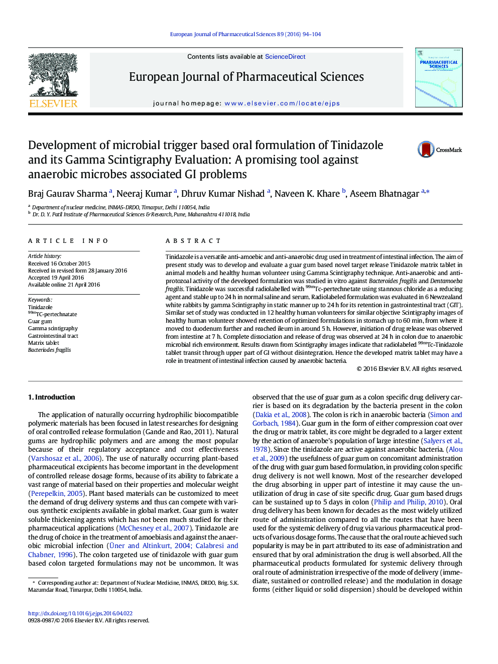 Development of microbial trigger based oral formulation of Tinidazole and its Gamma Scintigraphy Evaluation: A promising tool against anaerobic microbes associated GI problems