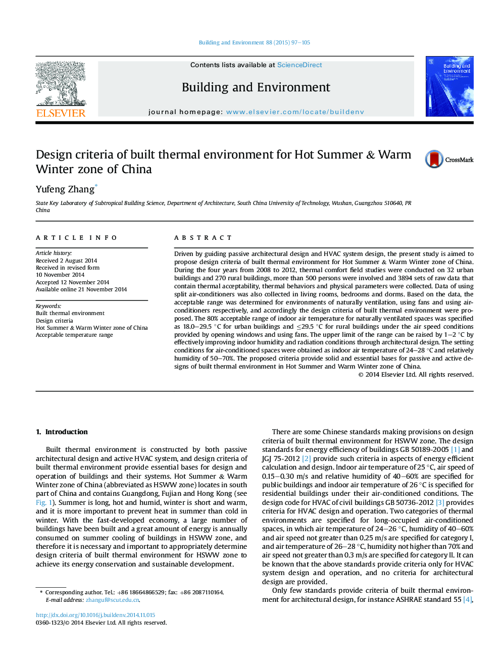 Design criteria of built thermal environment for Hot Summer & Warm Winter zone of China