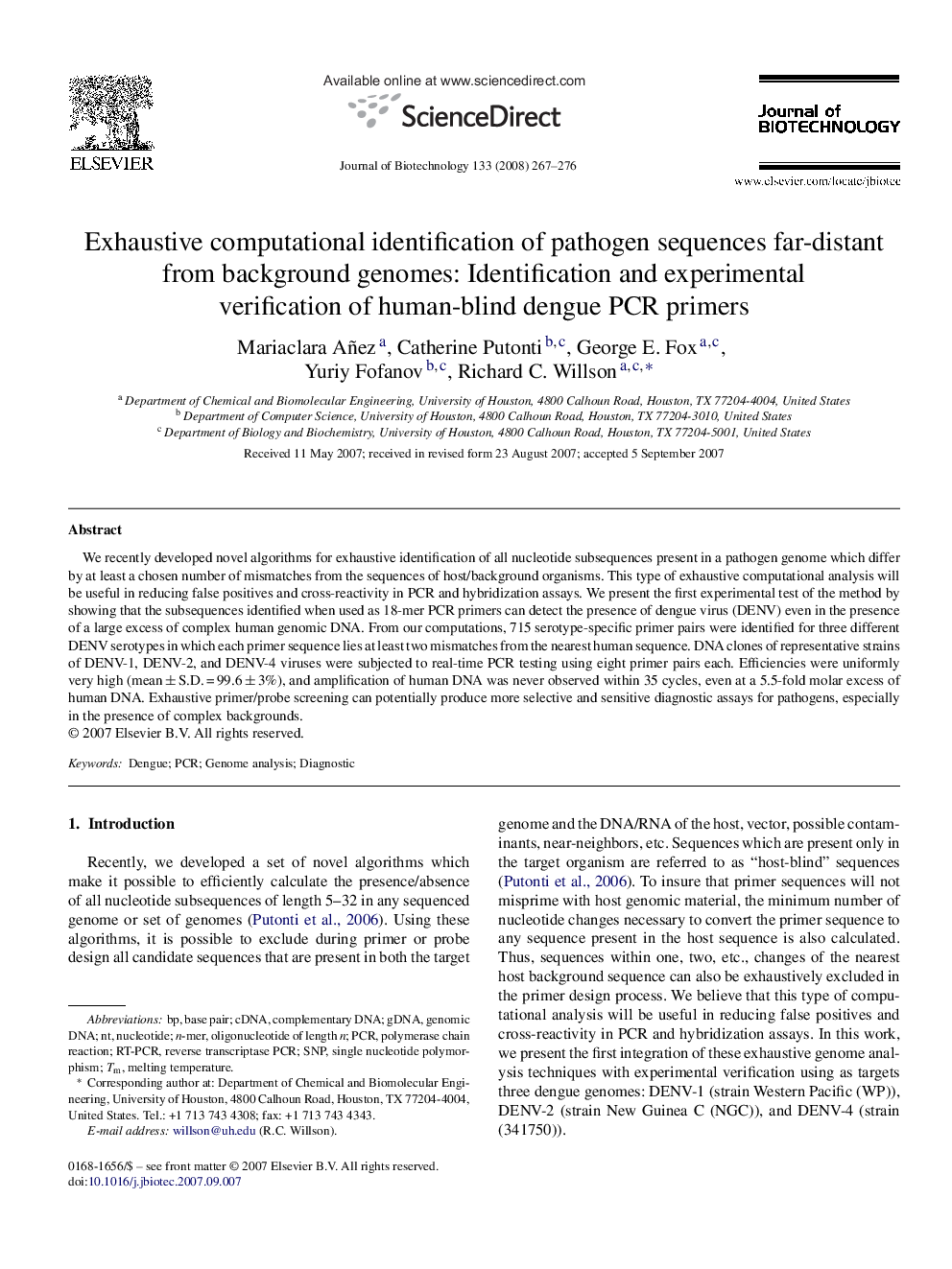 Exhaustive computational identification of pathogen sequences far-distant from background genomes: Identification and experimental verification of human-blind dengue PCR primers