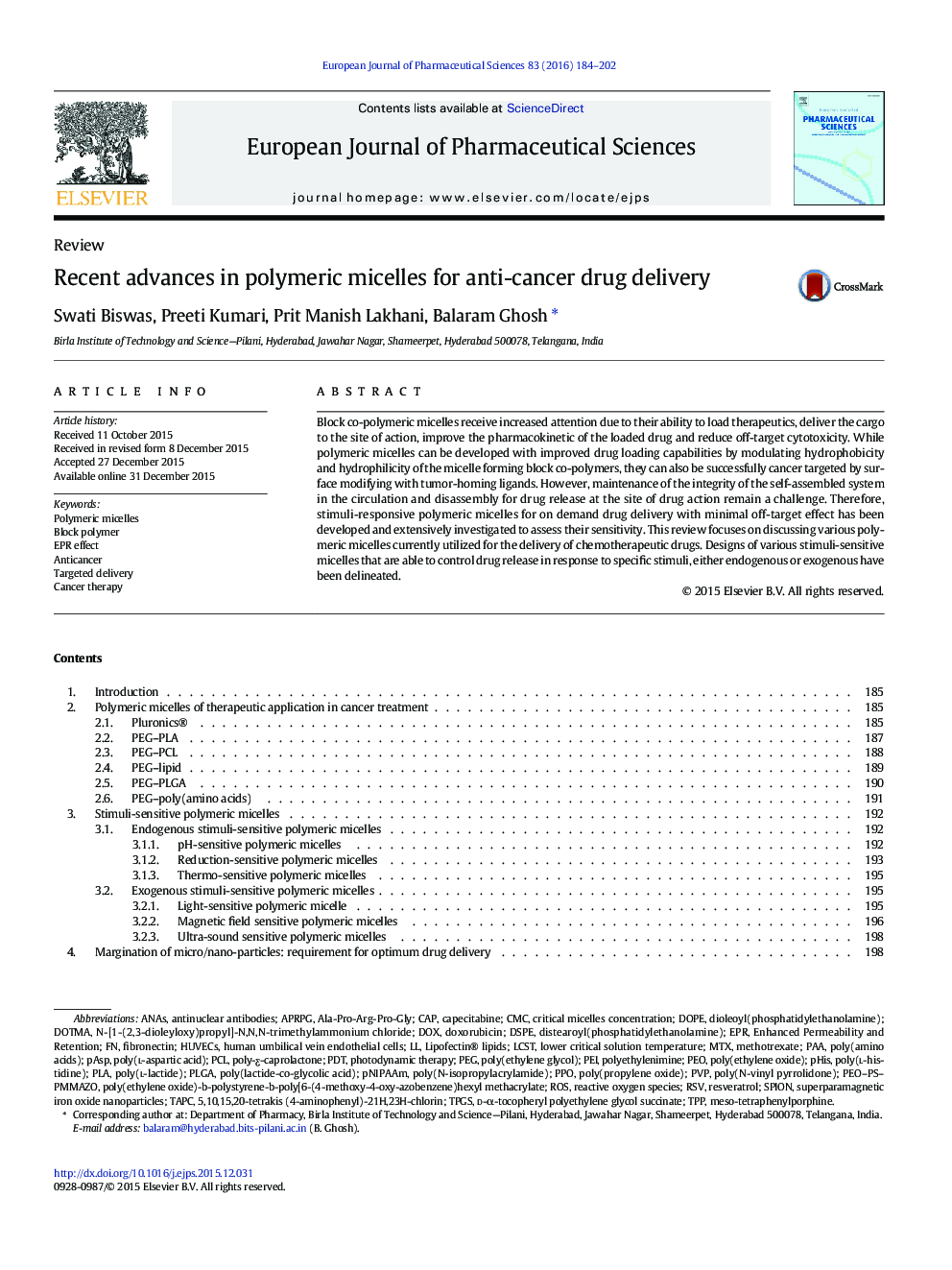 Recent advances in polymeric micelles for anti-cancer drug delivery