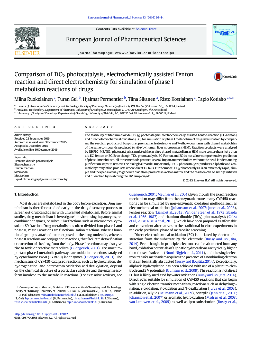Comparison of TiO2 photocatalysis, electrochemically assisted Fenton reaction and direct electrochemistry for simulation of phase I metabolism reactions of drugs
