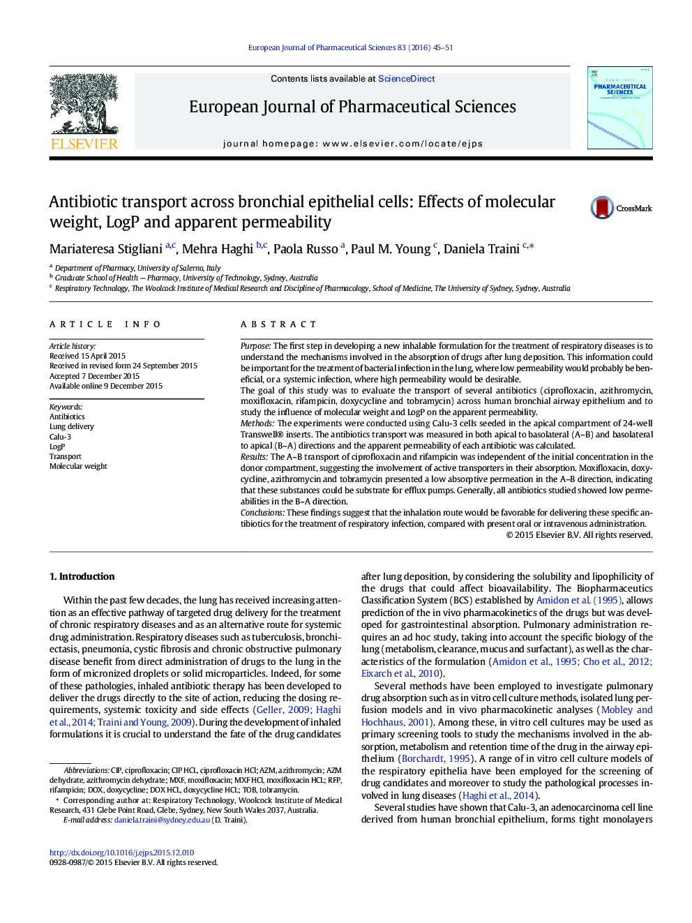 Antibiotic transport across bronchial epithelial cells: Effects of molecular weight, LogP and apparent permeability