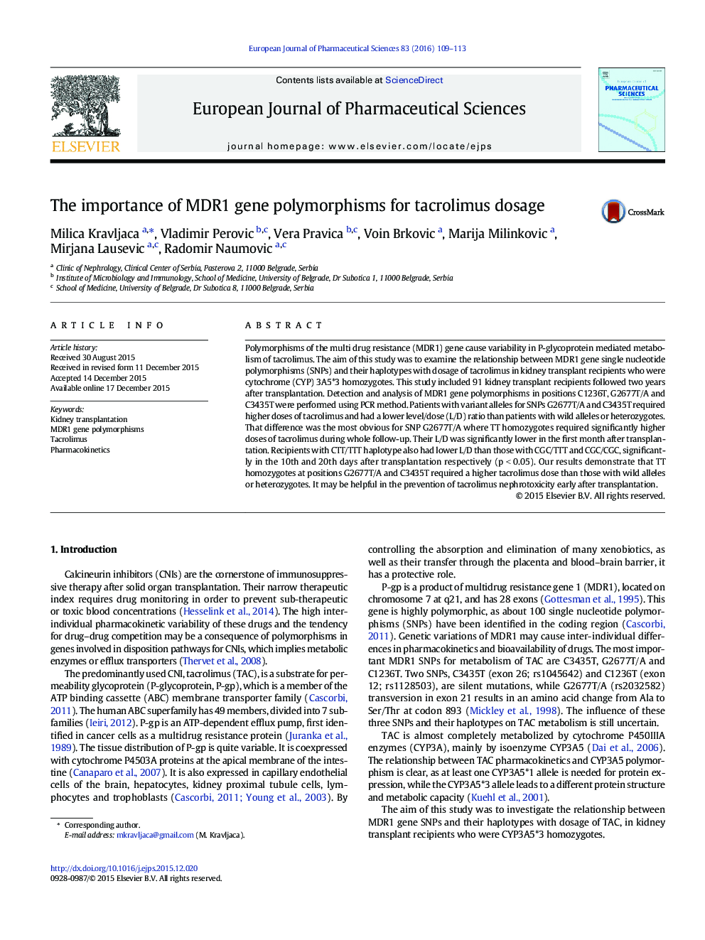 The importance of MDR1 gene polymorphisms for tacrolimus dosage