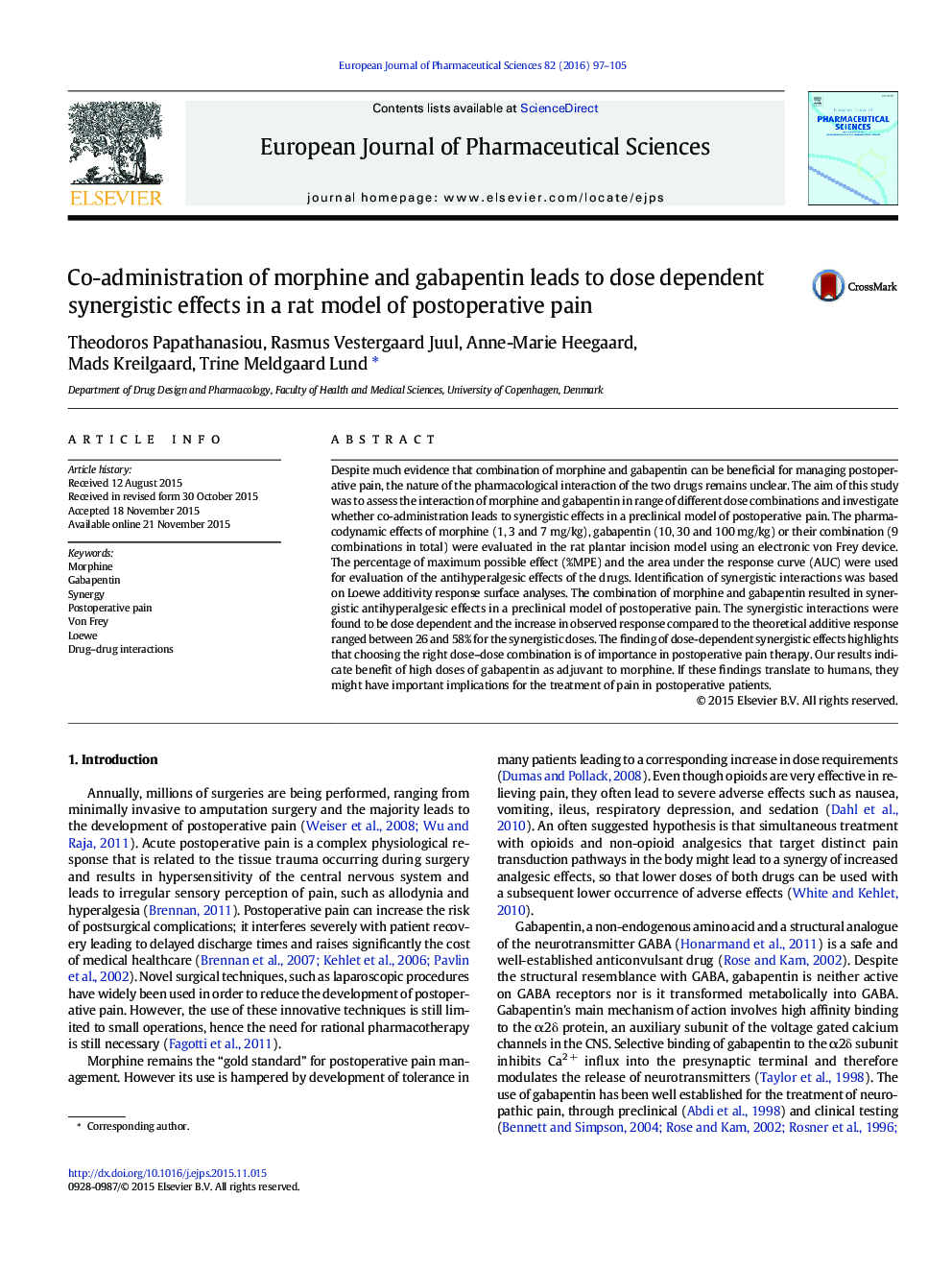 Co-administration of morphine and gabapentin leads to dose dependent synergistic effects in a rat model of postoperative pain