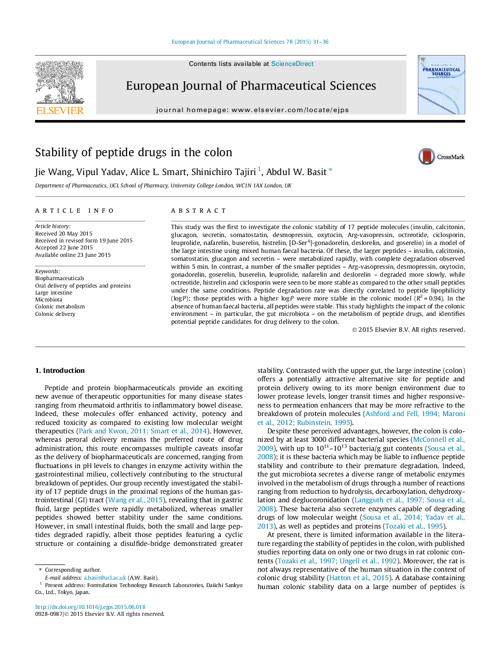 Stability of peptide drugs in the colon